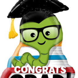 Graduation-themed foil balloon with a cartoon graduate and "Congrats Grad!" text