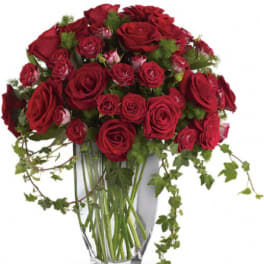 Bouquet of red roses in a clear glass vase with trailing ivy