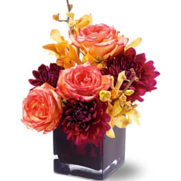 Bouquet of orange-pink roses and burgundy dahlias in a dark glass vase