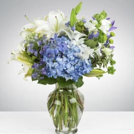 Mixed bouquet of blue hydrangeas, white lilies, and purple blooms in a clear glass vase