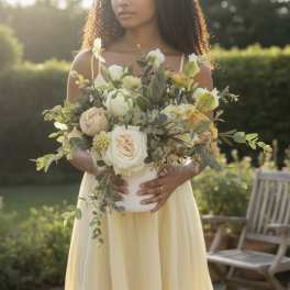 Woman in a yellow dress holding a cream and peach rose arrangement in a white vase outdoors