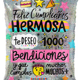 Glittery birthday balloon with Spanish text and colorful stars