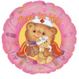 Pink get-well balloon with teddy bears and medical icons