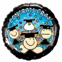 Round graduation balloon with cartoon graduates and "Congrats Grad!" text