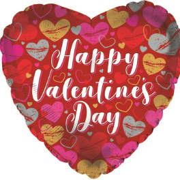 Heart-shaped balloon with "Happy Valentine's Day" text and heart patterns