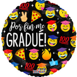 Round black graduation balloon with emoji faces and "por fin me gradué" text
