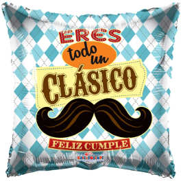 Decorative balloon with Spanish birthday text and a mustache graphic