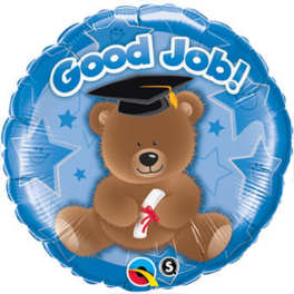 Blue graduation balloon with a teddy bear and "Good Job!" text