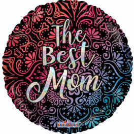 Round foil balloon with "The Best Mom" text on a colorful patterned background