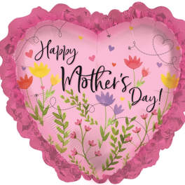 Heart-shaped pink balloon with "Happy Mother's Day" text and floral graphics