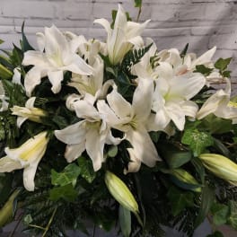 Large white lily arrangement with dense greenery