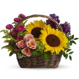 Basket arrangement with sunflowers, pink roses, and purple flowers
