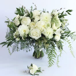 Large white rose and peony bouquet with trailing greenery and a matching white boutonniere.