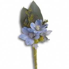 Blue flower boutonniere with dark leaves and a wrapped stem