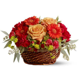 Basket arrangement of red and peach flowers