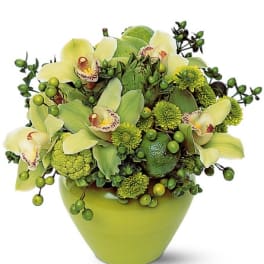 Green floral arrangement in a lime vase with orchids and berries