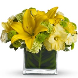 Yellow lilies and green carnations in a square glass vase