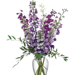 Purple flowers arranged in a clear glass vase