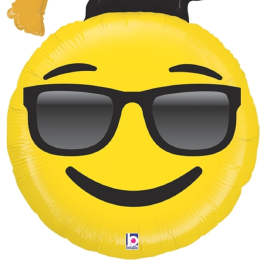 Yellow emoji graduation balloon with sunglasses and a mortarboard
