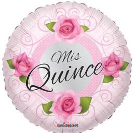 Round pink foil balloon with roses and the words "Mis Quince"