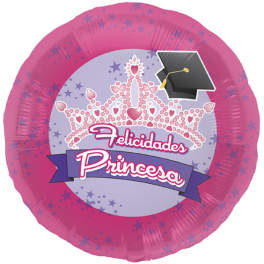 Pink round balloon with a princess crown and graduation cap graphic