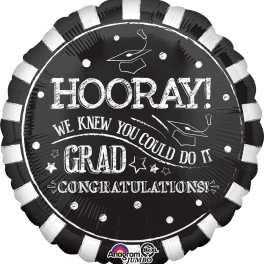 Black graduation balloon with white text and cap icons