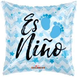 Blue baby shower balloon with footprints and "Es Niño" text