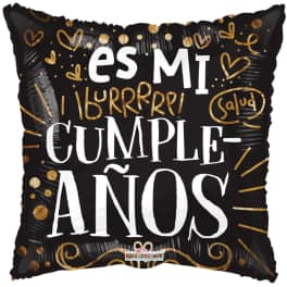 Black square balloon with gold accents and Spanish birthday text