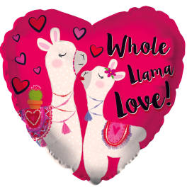 Heart-shaped pink balloon with two llamas and the words "Whole Llama Love!"