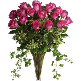 Pink roses arranged in a tall clear vase with trailing ivy