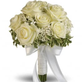 White rose bouquet with a white ribbon wrap