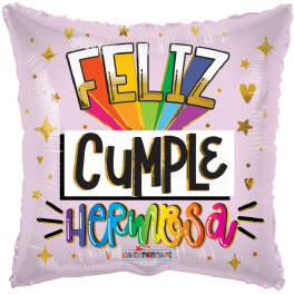 Pink foil balloon with colorful "Feliz Cumple HERMOSA" text