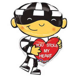Cartoon balloon character holding a red heart balloon with text
