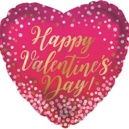 Heart-shaped pink foil balloon with "Happy Valentine's Day" text