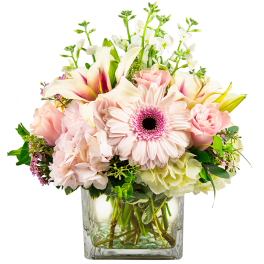 Pink and white mixed flowers arranged in a clear glass vase