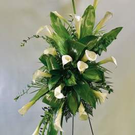 Tall arrangement of white calla lilies on a black stand