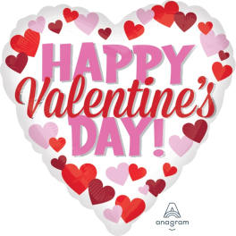 Heart-shaped Valentine's Day balloon with pink and red text and hearts