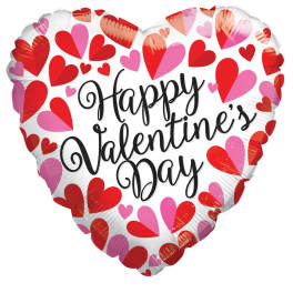 Heart-shaped balloon with red and pink hearts and Valentine's Day text