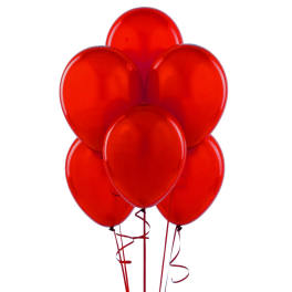 Cluster of red balloons with curling ribbons