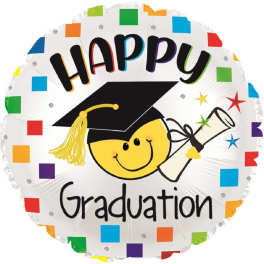 Round graduation balloon with a smiling face and colorful confetti border