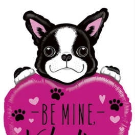 Pink heart-shaped balloon with a dog and "Be Mine, Valentine" text