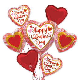 Cluster of heart-shaped Valentine's Day balloons in red and pink