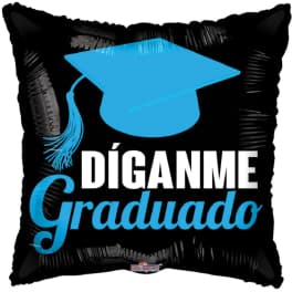 Black graduation balloon with blue cap and Spanish text