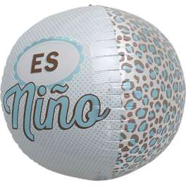 Round foil balloon with "Es Niña" text in blue and brown patterns