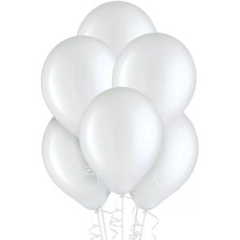 Cluster of white balloons with curling ribbons