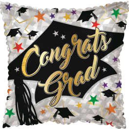 Square graduation balloon with "Congrats Grad" text and star patterns