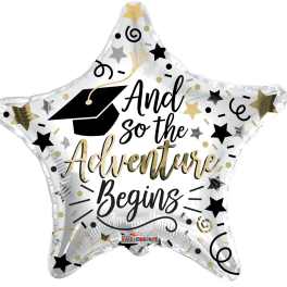 Star-shaped graduation balloon with the words "And so the Adventure Begins"
