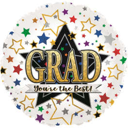 Round graduation balloon with stars and the words GRAD You're the Best!