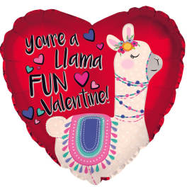 Heart-shaped red balloon with a llama and Valentine message
