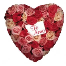 Heart-shaped rose arrangement with a "Te Amo" card
